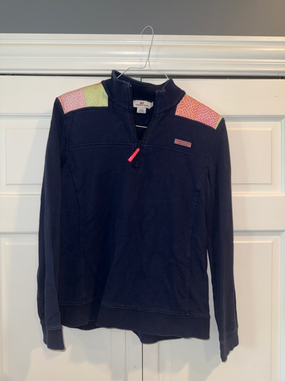 Vineyard Vines Navy Quarter-Zip Pullover with Pink & Lime Shoulder Accents